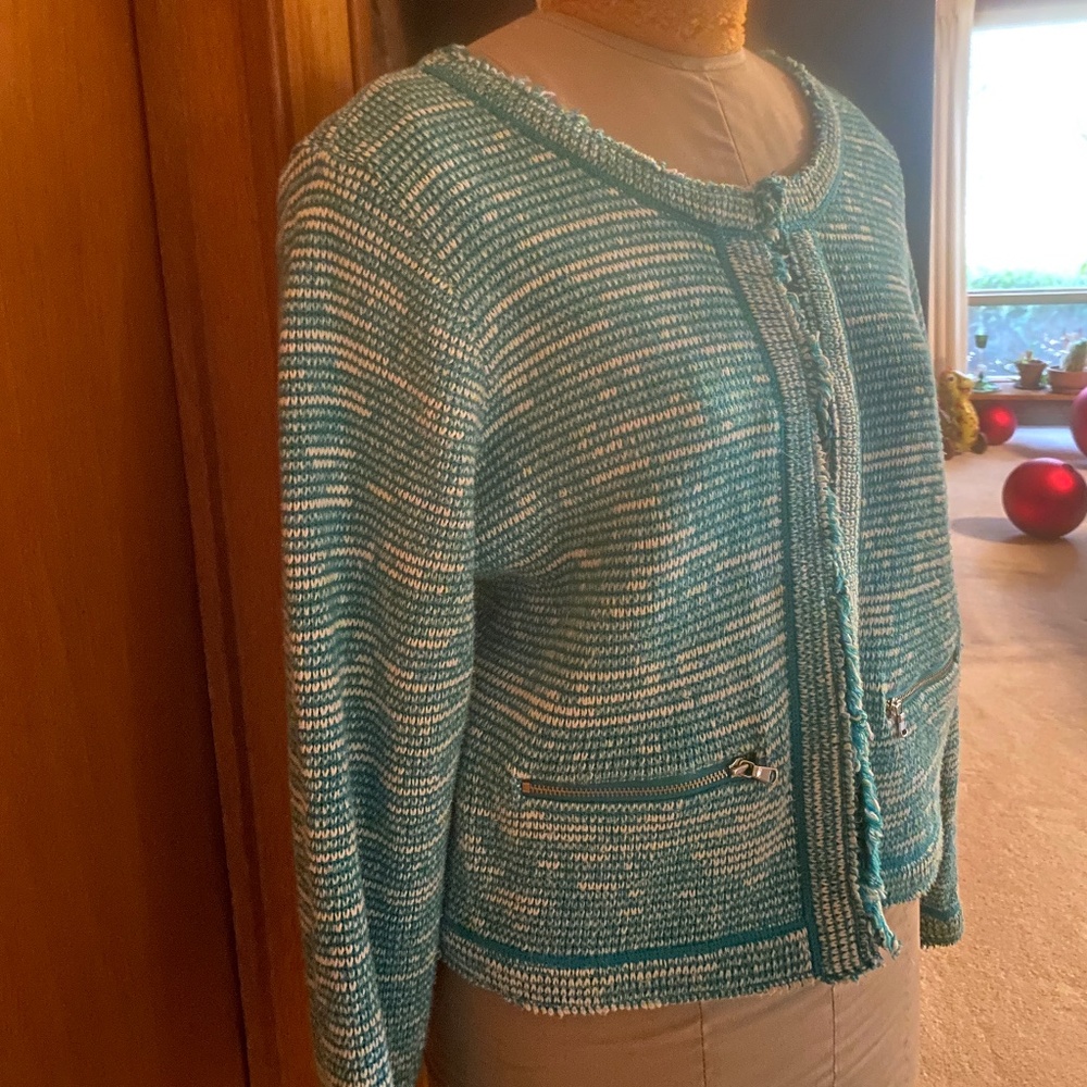 Style & Co 100% Cotton Turquoise & White Weave Tweed Cardigan Jacket L